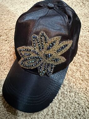 Black Satin Baseball Cap with Gold Beaded Floral Applique